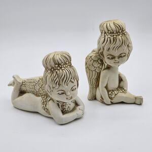 Vintage White and Gold Porcelain Angel Figurines - Cherub Decor Accents - Set/2